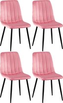 CLP Dijon Set van 4 Eetkamerstoelen - Zonder armleuning - Metaal onderstel - roze Fluweel