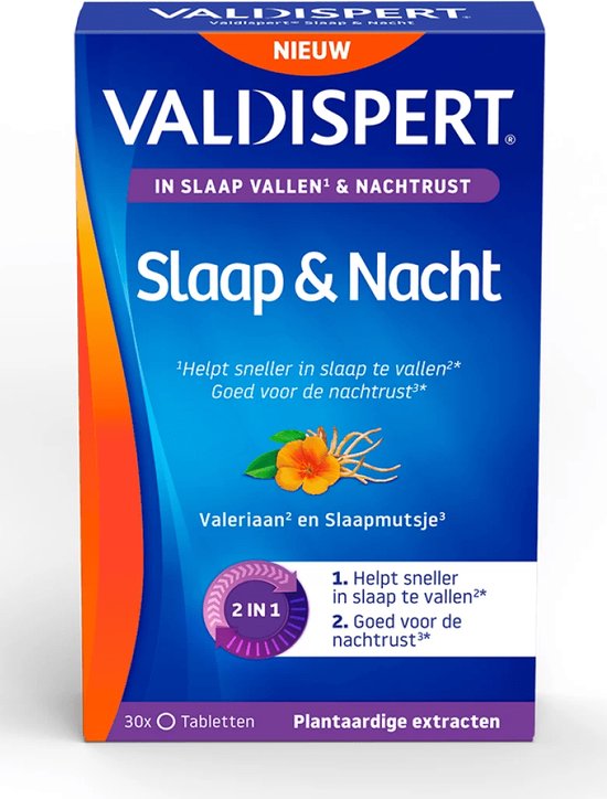Blauwe doos van Valdispert Slaap & Nacht, met oranje golf aan de zijkant. Tekst: Nieuw, Valdispert, Slaap & Nacht.