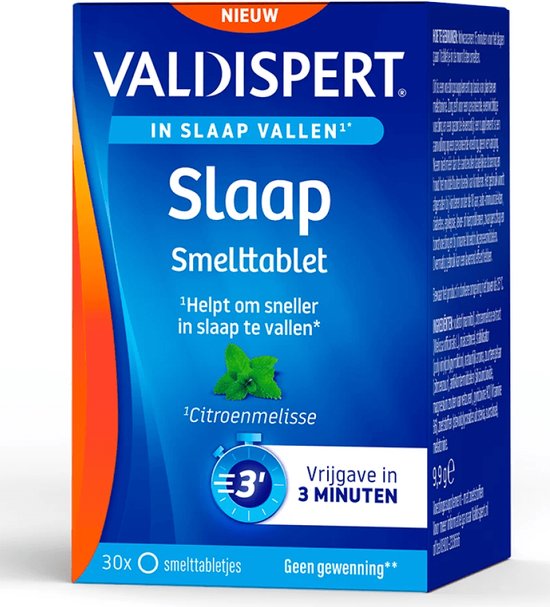 Doosje Valdispert Slaap Smelttablet. Met afbeelding van citroenmelisse. Helpt sneller in slaap vallen. Vrijgave in 3 minuten.