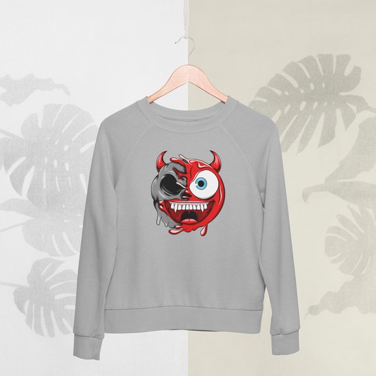 Feel Free - Halloween Sweater - Smiley: Lachende duivel met hoorns - Maat M - Kleur Grijs