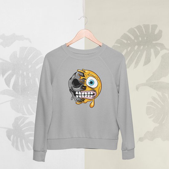 Feel Free - Halloween Sweater - Smiley: Grimas trekkend gezicht - Maat S - Kleur Grijs