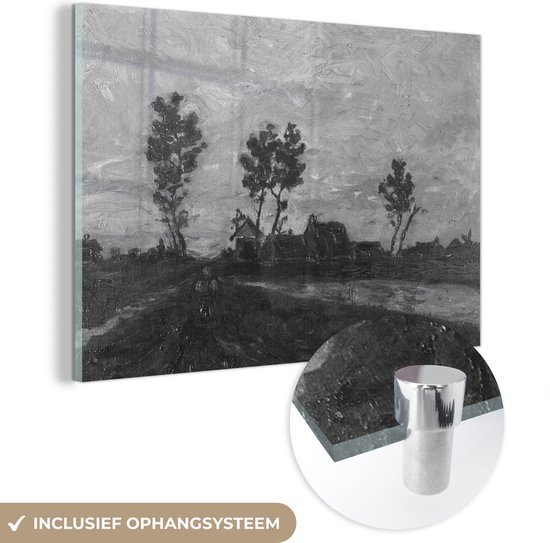 MuchoWow® Glasschilderij 30x20 cm - Schilderij acrylglas - Landschap bij zonsondergang - Vincent van Gogh - Zwart - Wit - Foto op glas - Schilderijen