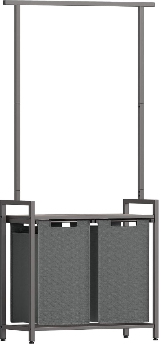 Goedkoopste wasmand, dubbele vuile wasmand, met ophangstang, dienblad, 2 verwijderbare zakken, 2 x 46 l, 73 x 33 x 177 cm, grijs gemengd en leigrijs BLH241G01