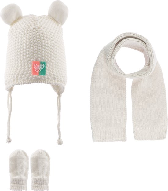 Kitti 3-Delig Winter Set | Muts (Beanie) met Fleecevoering - Sjaal - Handschoenen | 0-18 Maanden Baby Meisjes | K23150-02-01 | Cream
