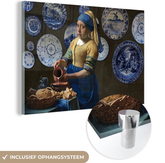 MuchoWow® Glasschilderij 60x40 cm - Schilderij acrylglas - Meisje met de parel - Melkmeisje - Delfts Blauw - Foto op glas - Schilderijen