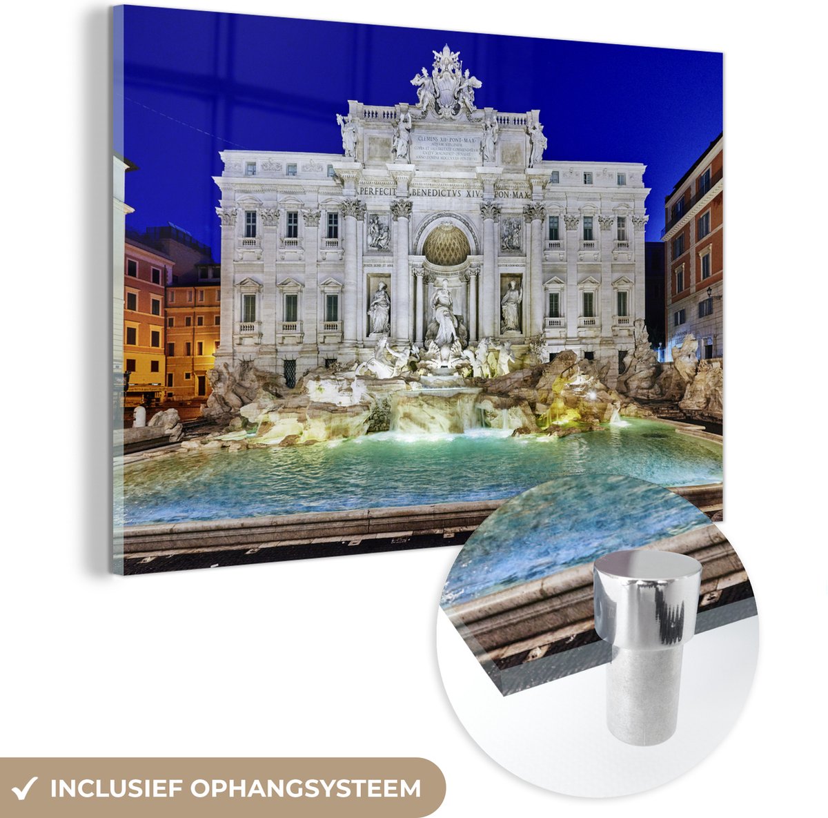 MuchoWow® Glasschilderij 90x60 cm - Schilderij acrylglas - Verlichting - Fontein - Rome -