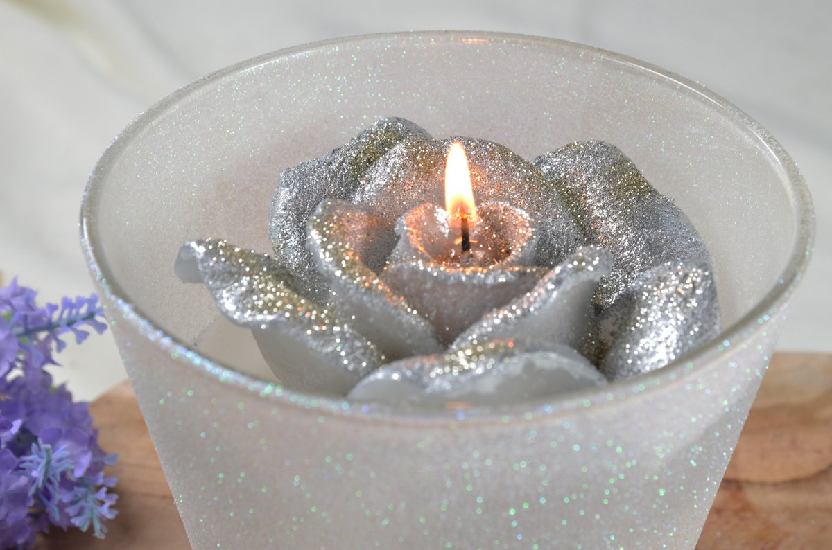 Moederdag Special 2026: Candles by Milanne - XXL Rooskaars in fraai glas - Spiegel zilver 14cm - BEKIJK VIDEO