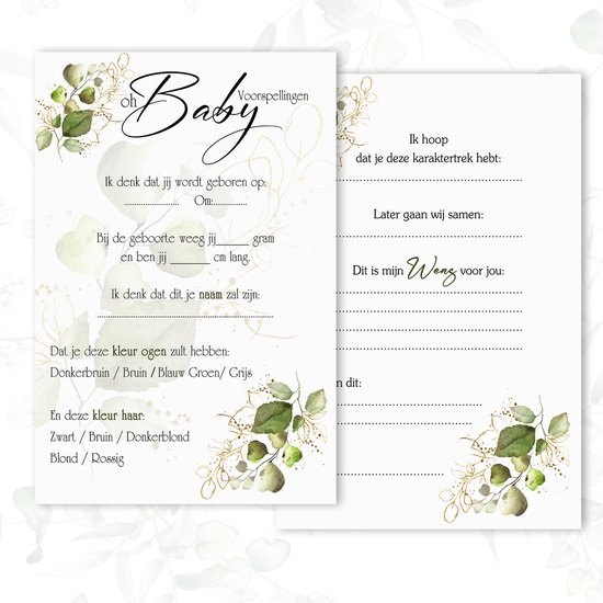 Cartes à remplir pour baby shower avec texte 'Oh Baby', feuillage vert et accents dorés. À gauche, une carte de prédictions, à droite, une carte de vœux. Espace pour les prédictions date de naissance, poids, taille, nom, couleur des yeux et des cheveux.