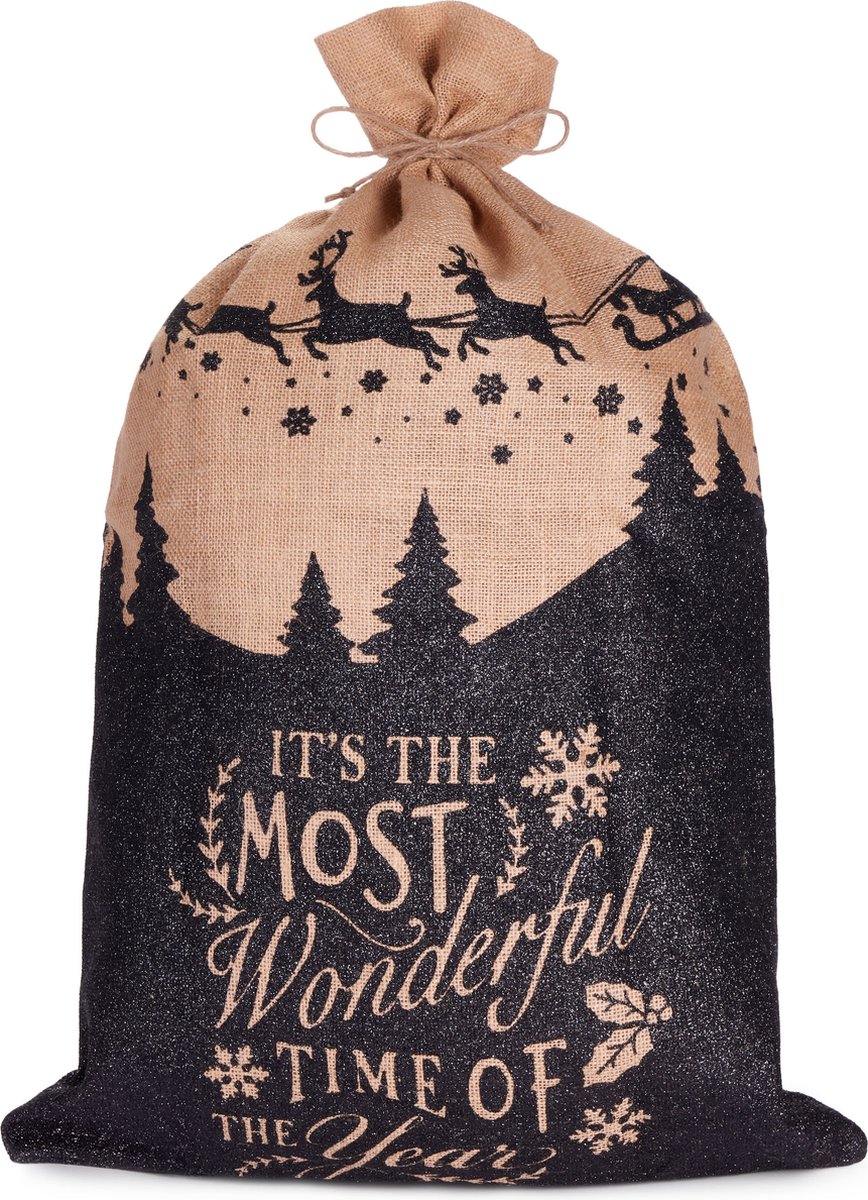 BRUBAKER Kerstmis Zak -Most wonderful time of the year- - 80 cm Geschenkzak Kerstmis - Kerstman Jute Zak met Koord voor het Inpakken van Geschenken - Kerstman met Slee