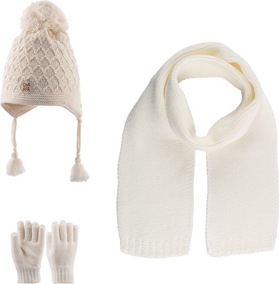 Kitti 3-Delig Winter Set | Muts (Beanie) met Fleecevoering - Sjaal - Handschoenen | 4-8 Jaar Meisjes | K23170-06-01 | Cream