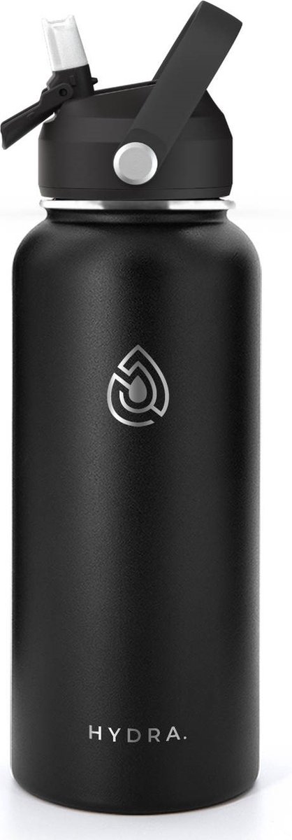 Drinkfles Roestvrij Staal 1000ml - Obsidian Black - 1L RVS Waterfles - Outdoor - Verpakking inclusief dop met rietje, draaidop, schoonmaakborstel - min. 24u warm - 24u koud - Hydra.