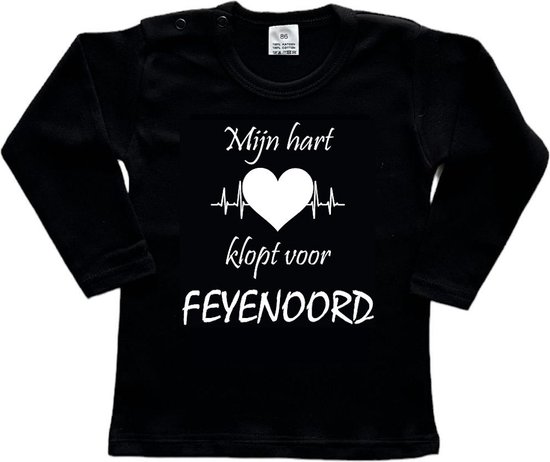 Rotterdam Kinder t-shirt Lange Mouw | Feyenoord "Mijn hart klopt voor FEYENOORD" | Verjaardagkado | verjaardag kado | grappig | jarig | Rotterdam | Feyenoord | cadeau | Cadeau | Zwart/wit | Maat 80