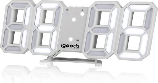 Igoods Klok de table numérique – Wekker LED – Wekker numérique 3D – Horloge de bureau moderne – Avec jauge de température – Wit
