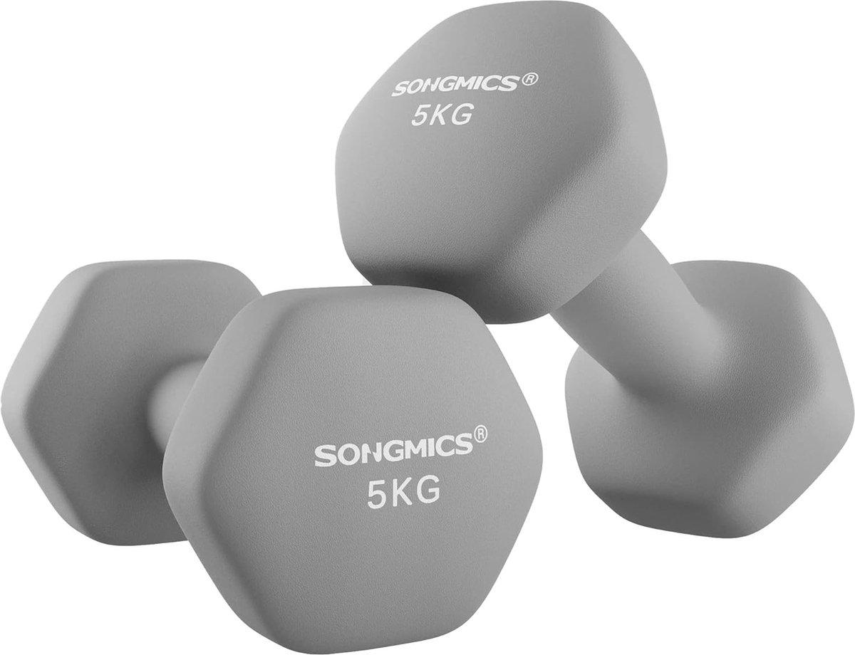 Songmics Set van 2 halters 2 x 5 kg handgewichten met neopreencoating zeshoekige halterpaar thuistraining fitnesstraining grijs