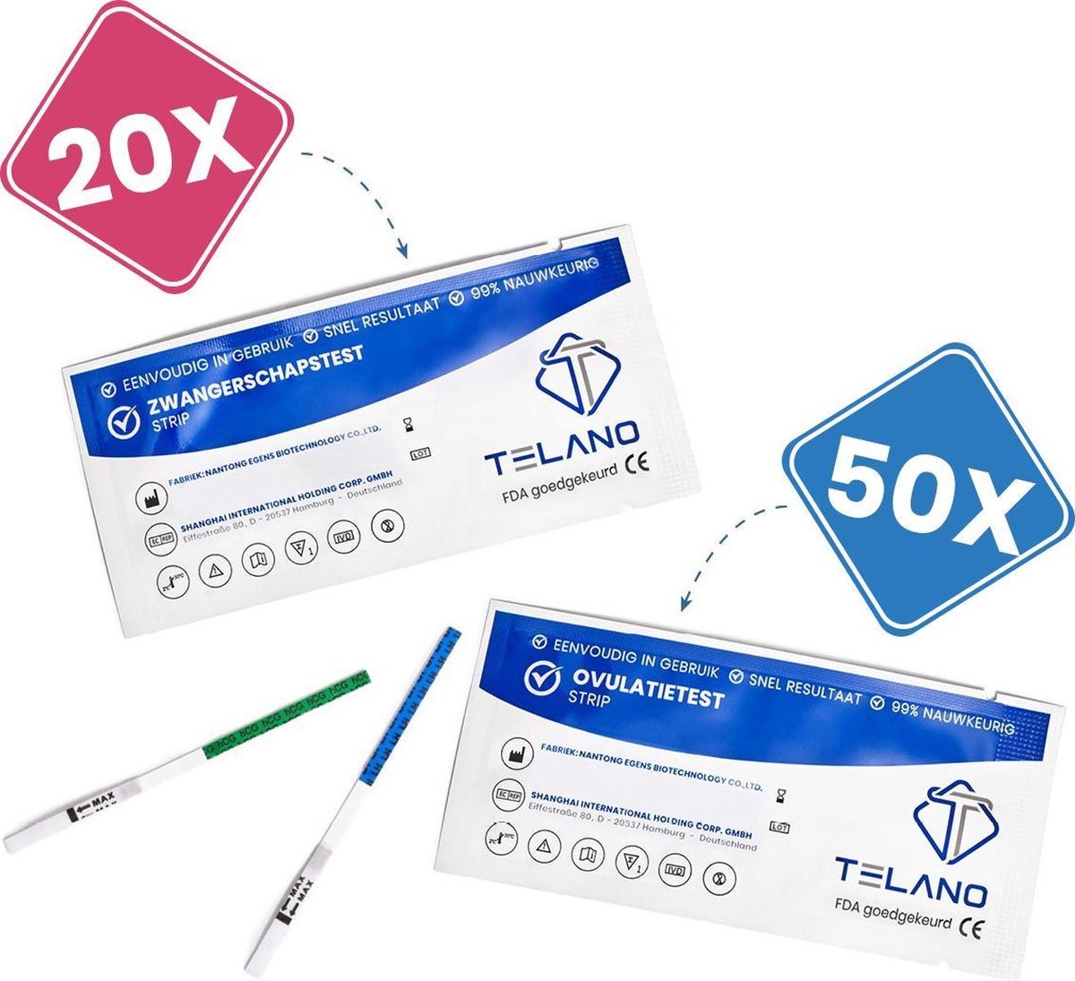 Goedkoopste Telano 50x Ovulatietest 20x Zwangerschapstest Extra Vroeg Set - Ovulatiekalender - Dipstick - Strip