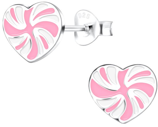 Joy|S - Zilveren hartje oorbellen - 9 x 8 mm - wit met roze - kinderoorbellen