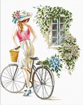Volledige Borduurpakketen Volwassenen - Voorbedrukt - Hobby en Creatief - Borduurset - Needleart World Voorbedrukt borduurpakket meisje met fiets op aida 640.078