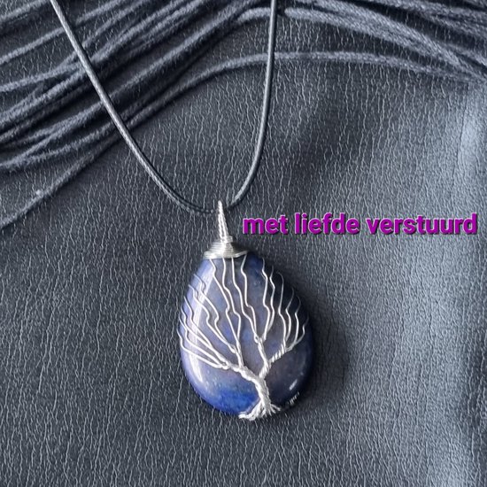 Edelsteen met leren ketting Lapis Lazuli druppel met levensboom (grote variant)