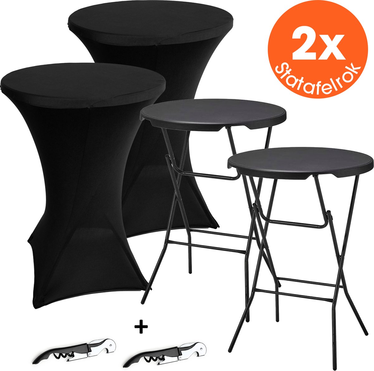 Lenx 2x Zwarte Statafel - Set van 2 - ø70x110 cm - Inclusief 2x Zwarte Statafelrok en 2x Wijnopener - Statafels - Inklapbaar - Cocktailtafel - Hoge Staan Tafel - Staantafel - Partytafel - Zwart