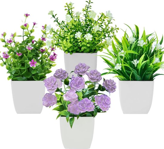Set van 4 kunstbloemen in pot - Mini kunstplant - Planten als echte pot - Voor tafeldecoratie, binnen- en buitendecoratie, tuin, café, kantoor
