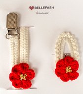 Handgemaakte gebreide bloem fopspeenhouder & haarspeldjes set/Wit en rood