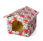 Nobleza Stoffenhuis - Kattenhuis - Hondenhuis - Dierenhuis - Opvouwbaar huisje - Kattenhok - Hondentent - Hondenmand met dak - Hondenhok voor binnen - Katoen - Wit met rode sterren - Maat L