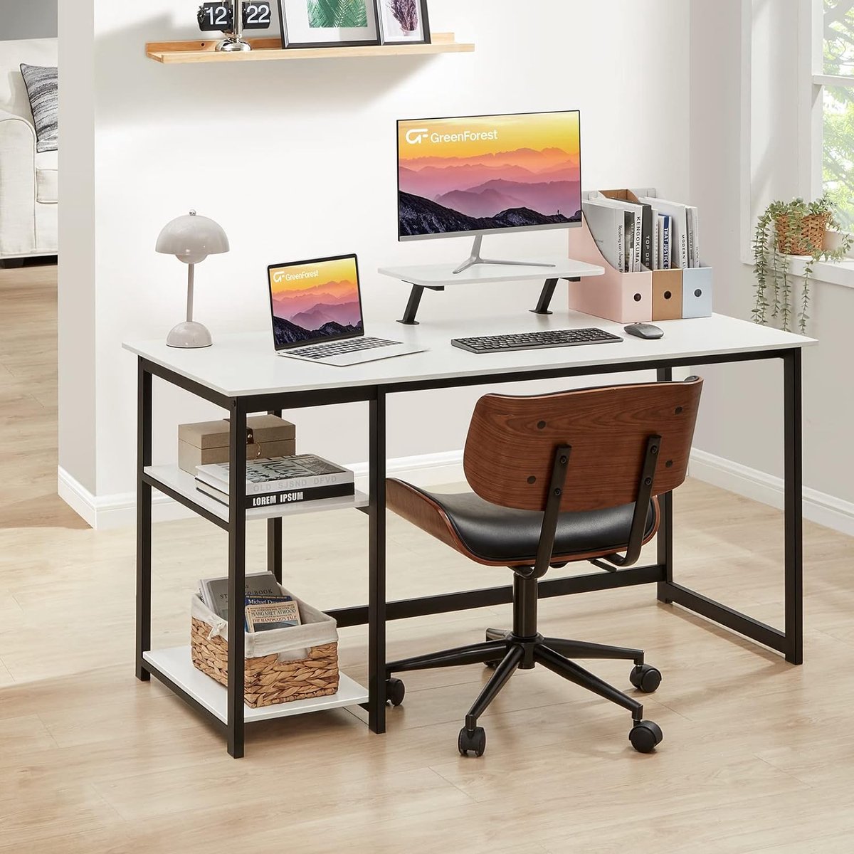 computer thuisbureau met display stand en flip plank, 120cm moderne eenvoudige schrijfstudie PC werkbank,wit