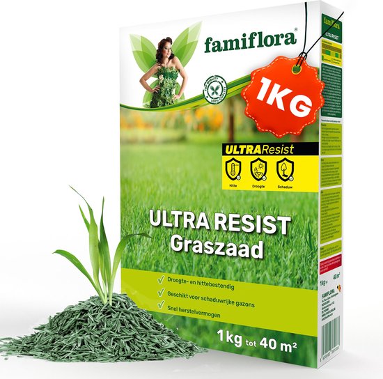 Foto: Famiflora ultra resist graszaad sterk droogtebestendig 1kg doos tot 40m snel herstellend gazon met coating