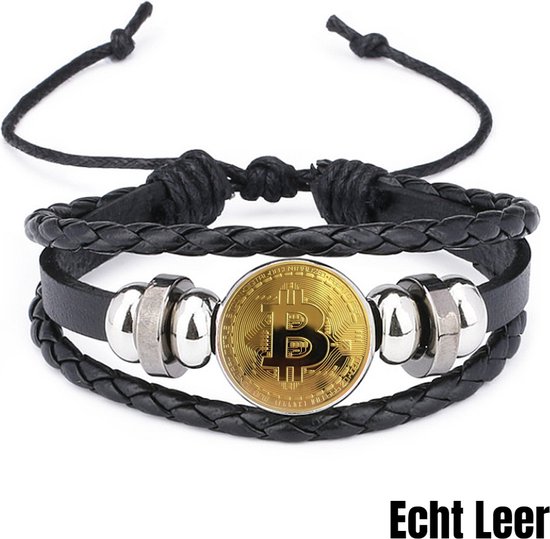 Allernieuwste.nl® Leder Armband Bitcoin Leer - Dames Heren Armbanden Unisex - Crypto Currency Cryptovaluta - Leder - 26 cm