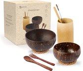 Namture Starter Set (9-delig)- Coconut Bowls – Bamboe Beker – Medium Kokosnoot Kom - Houten bestek – Bamboe Rietje - 100% Natuurlijk - Duurzaam –
