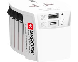 Skross - World Travel Adapter 2-pole + 1 USB Charger + 1 Type C 2400 mA White