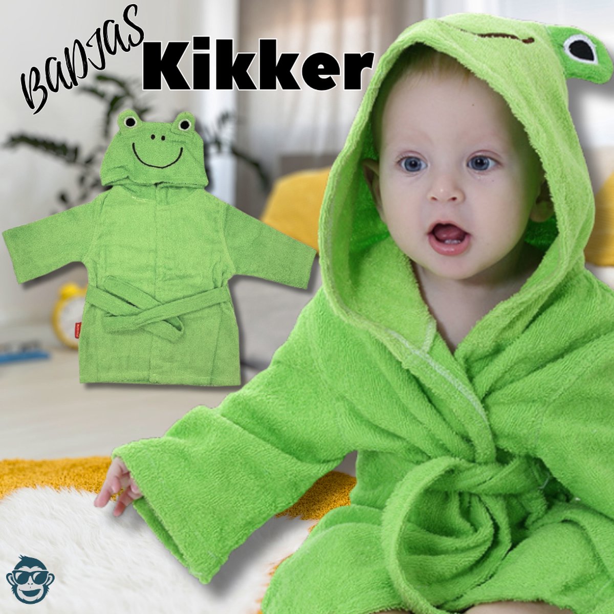 Dieren Badjas Kermit de Kikker | 0-12 maanden (0-1 jaar) | Baby / Peuter | BoefieBoef | ochtendjas | katoen | snel drogend | met capuchon | kraamcadeau | dierenbadjas | sinterklaas | frog | dier | meisjes en jongens | groen
