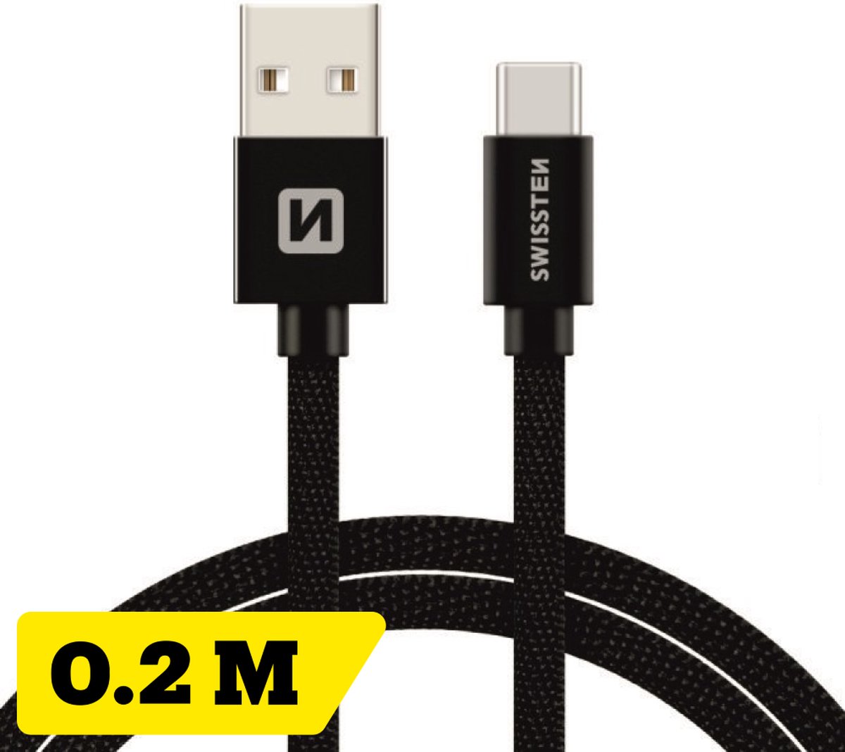 Swissten Gevlochten USB-C naar USB-A Kabel - 0.2M - Zwart