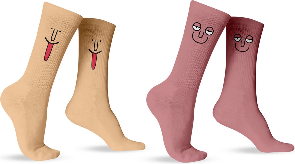 Valentijn cadeautje voor haar - Sokken Voordeelset - Grappige Cadeaus voor Mannen & Dames - Emoji Sokken Smiley & Tong - One Size Sokken - Happy Socks Verjaardag - Geschenk Heren, Vrouwen, Vader, Papa, Moeder, Mama, Vriendin, Zus, Oma, Opa