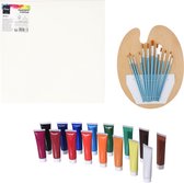 Complete hobby schilderij maken verf set - met canvas schildersdoek van 30 x 30 cm - penselen set met palet - 16 kleuren verf