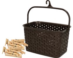 Wasknijpers mandje met ophanghaak - bruin - gevuld met 96x houten wasknijpers van 7 cm - was ophangen