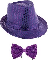Carnaval verkleed setje - glitter hoedje en vlinderstrikje - paars - volwassenen - met pailletten