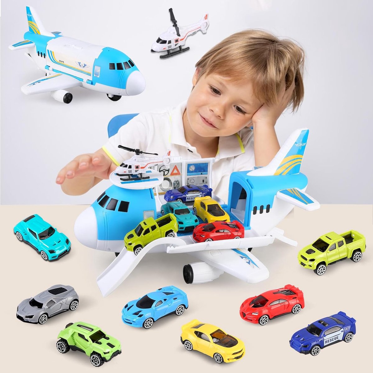 speelgoedauto's voor 3-jarige jongen, autospeelgoedset, vliegtuigspeelgoed, transportvliegtuig met 7 sportwagens, 1 terreinwagen, 1 helikopter, vrachtvliegtuig, speelgoedcadeaus voor kinderen, jongens en meisjes, leeftijd 3, 4, 5 , 6