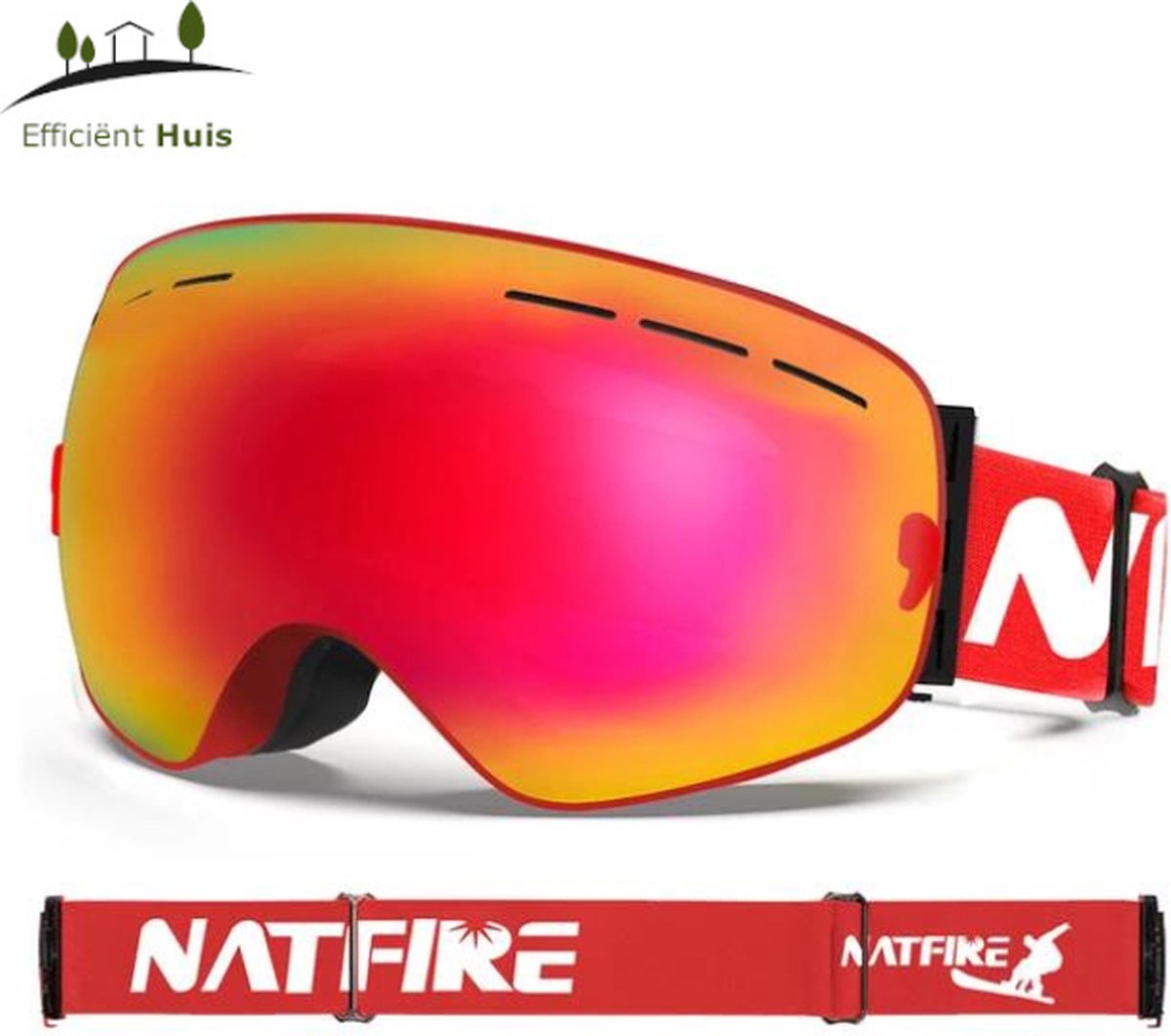 Natfire - Ultieme Skibril - Rood - UV-bescherming - Geschikt voor brildragers - Anti-Mist - Ventilatie - UV400