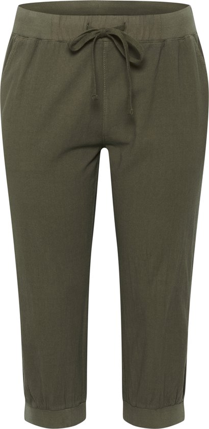 Pantalon capri vert avec cordon de serrage à la taille et bords élastiqués.