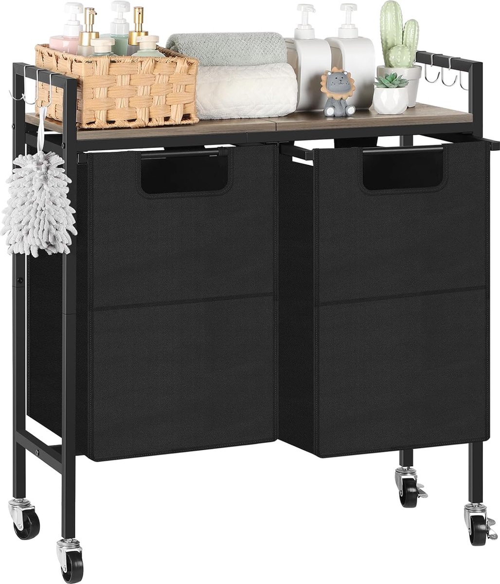 Goedkoopste Wasmand met wieltjes, 2 vakken, wassorteerder met plank, waterdichte Oxford-stof, waszak, multifunctionele wasbox voor wasruimte, badkamer, slaapkamer, grijs