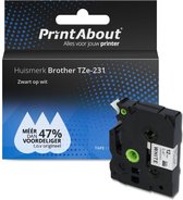 PrintAbout huismerk Tape TZe-231 Zwart op wit (12 mm) geschikt voor Brother