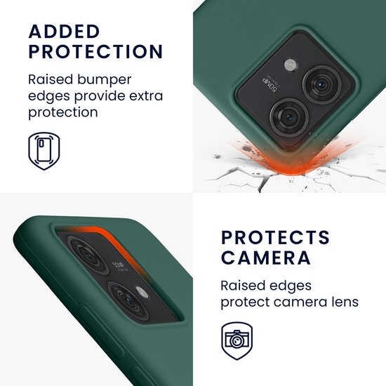 Illustratie van een telefoonhoesje in dennengroen dat de camera beschermt met verhoogde randen.