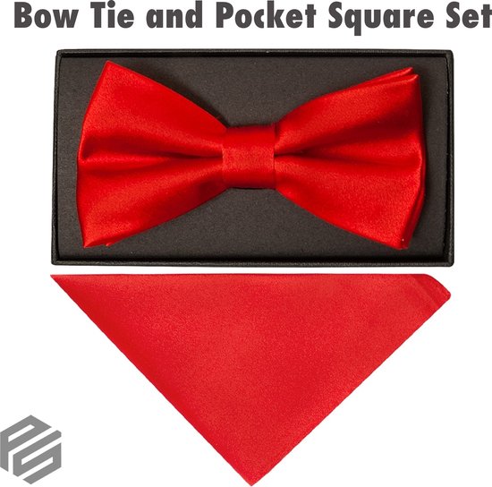 Bow Tie Including Pochette - Bow Tie - Bow Tie - Pocket Square - Red High Quality 30% soie 70% Polyester