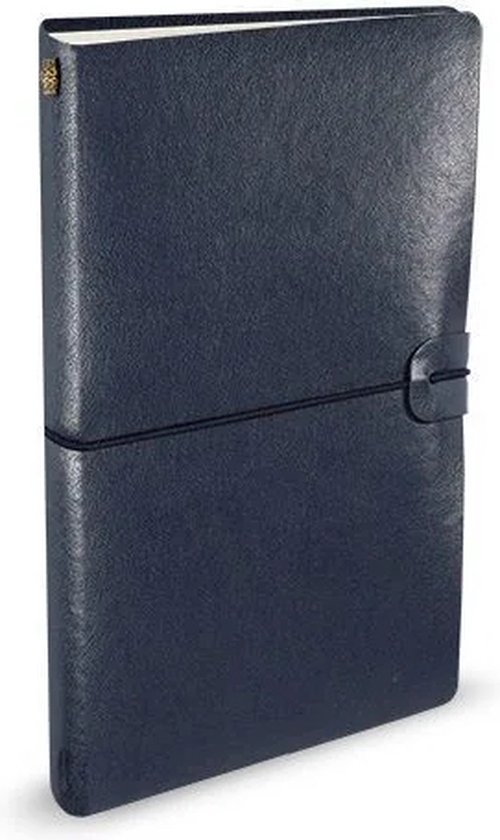 Donkerblauw notitieboek met lederlook, elastische band sluiting en verticale vouw.