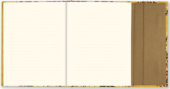 Open notitieboek met crèmekleurige, gelinieerde pagina's en een omslag met een gouden achtergrond en bloemen.