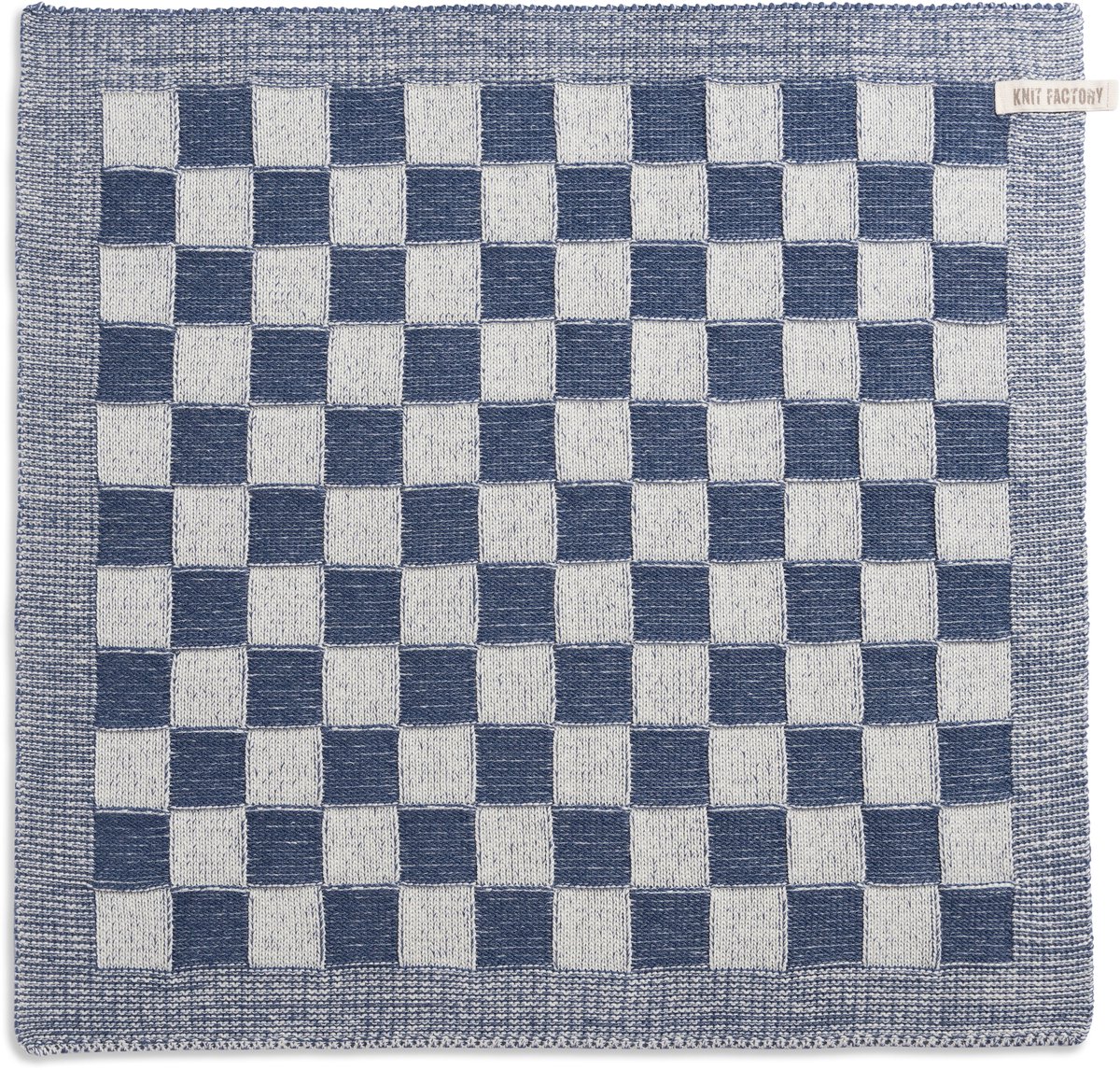 Knit Factory Gebreide Keukendoek - Keukenhanddoek Block - Geblokt motief - Handdoek - Vaatdoek - Keuken doek - Ecru/Jeans - Donkerblauw - Traditionele look - 50x50 cm