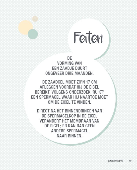 Cirkel met tekst "Feiten". De vorming van een zaadje duurt ongeveer drie maanden. De zaadcel moet zo'n 17 cm afleggen voordat hij de eicel bereikt.