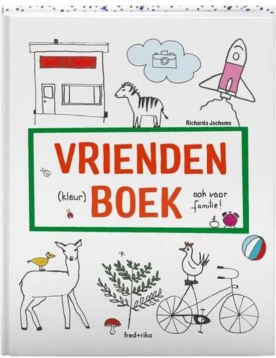 De voorkant van een vriendenboek met de titel 'Vriendenboek (kleur) ook voor familie!'. Illustraties van een zebra, hert, kip op fiets, huis en raket.