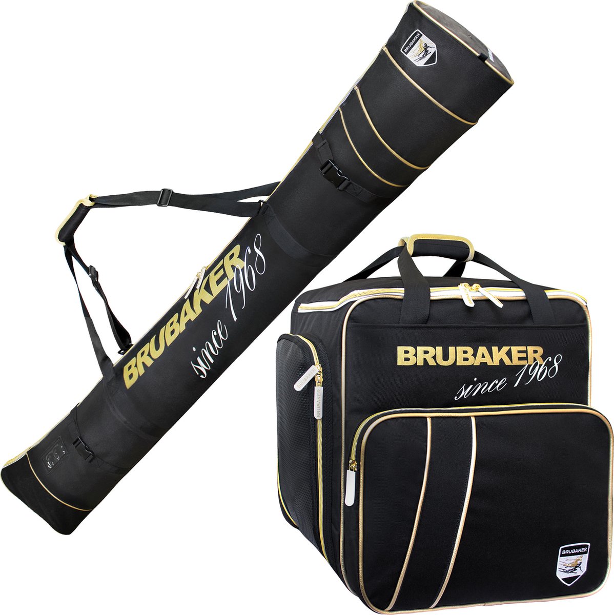 BRUBAKER Combi Set Grenoble - Skitas en Skischoen tas voor 1 paar ski's + stokken + schoenen + helm - 170 cm - Zwart Goud